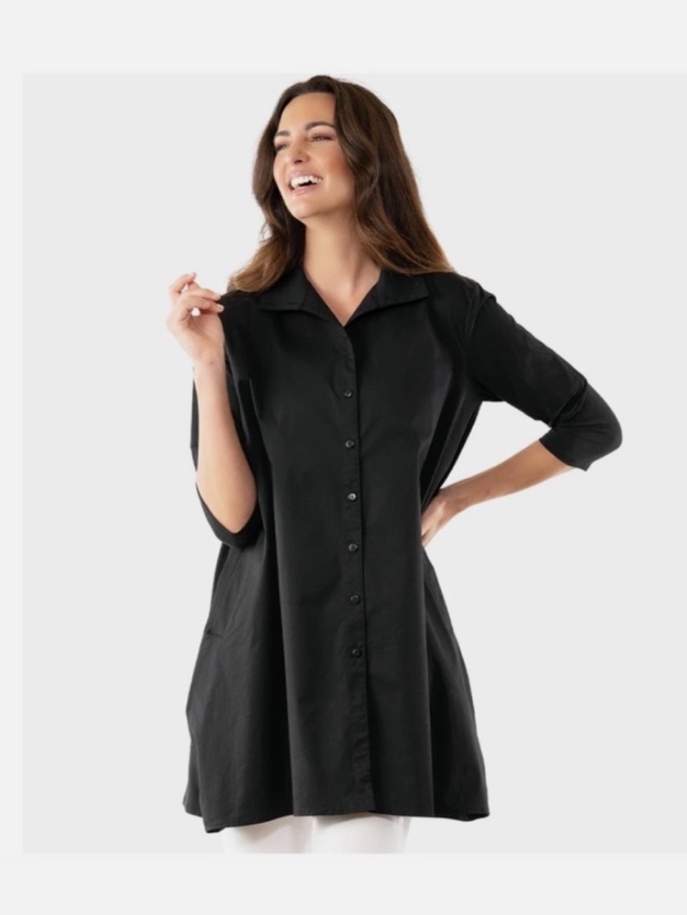 NWOT Stella Carakasi Natural Lux Black Organic Cotton Modal Pleated Tunic